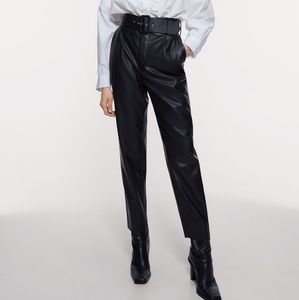 ZARA High Waist Black Faux Leather Pants Trousers